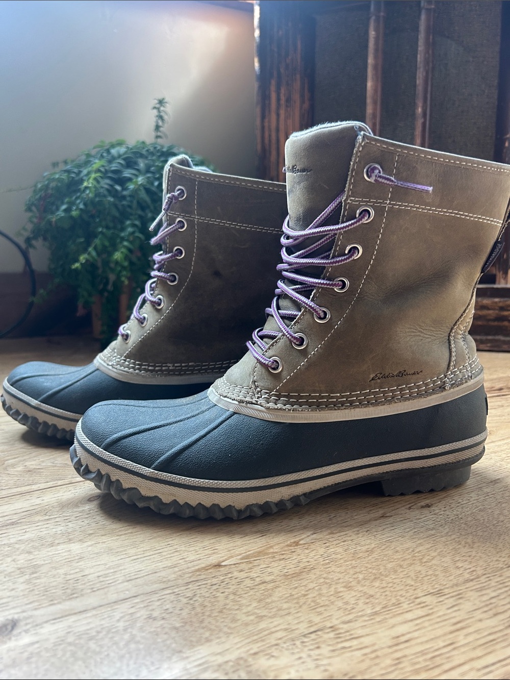 Eddie Bauer Olive and Black Duck Boots with Purple Laces